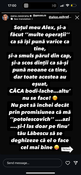 Oana Zăvoranu îl ”pulverizează” pe Alex Bodi cu un mesaj halucinant! ”Mi-a fost teamă că îmi poți fura colanții!”
