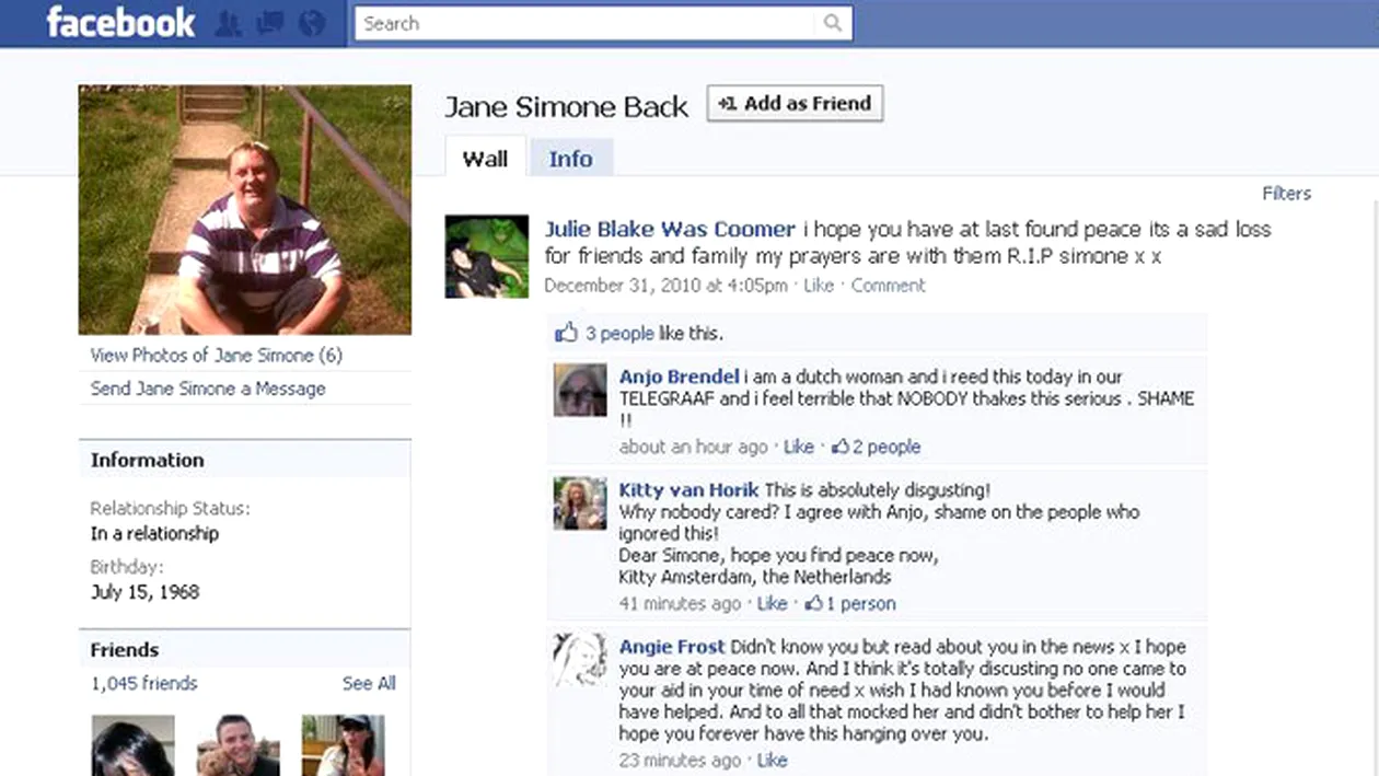 O femeie din Marea Britanie si-a anuntat sinuciderea pe Facebook si niciunul din cei 1.048 prieteni online nu a luat-o in serios