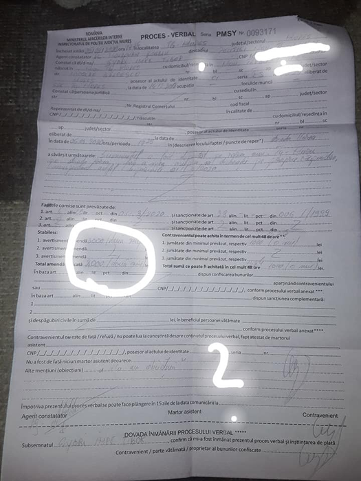 Caz ireal în Târgu Mureș! De ce a primit un bărbat amendă de 2.000 lei, cu toate că a prezentat polițiștilor declarația
