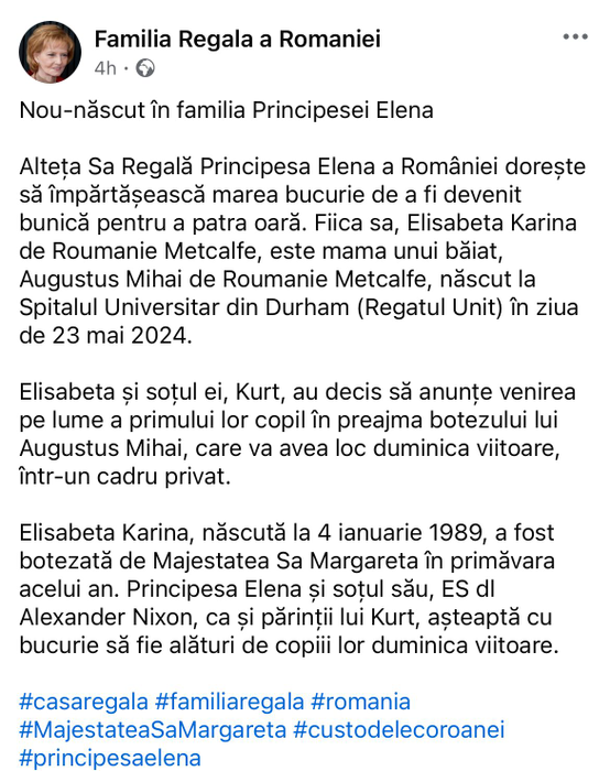 Principesa Elena, bunică pentru a patra oară. Foto: Facebook / Familia Regală a României