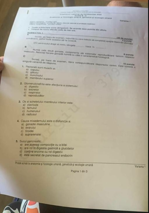 Subiectele pentru Anatomie de la BAC 2022