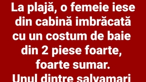 BANC | La plajă, o femeie iese din cabină îmbrăcată într-un costum de baie din 2 piese, foarte, foarte sumar