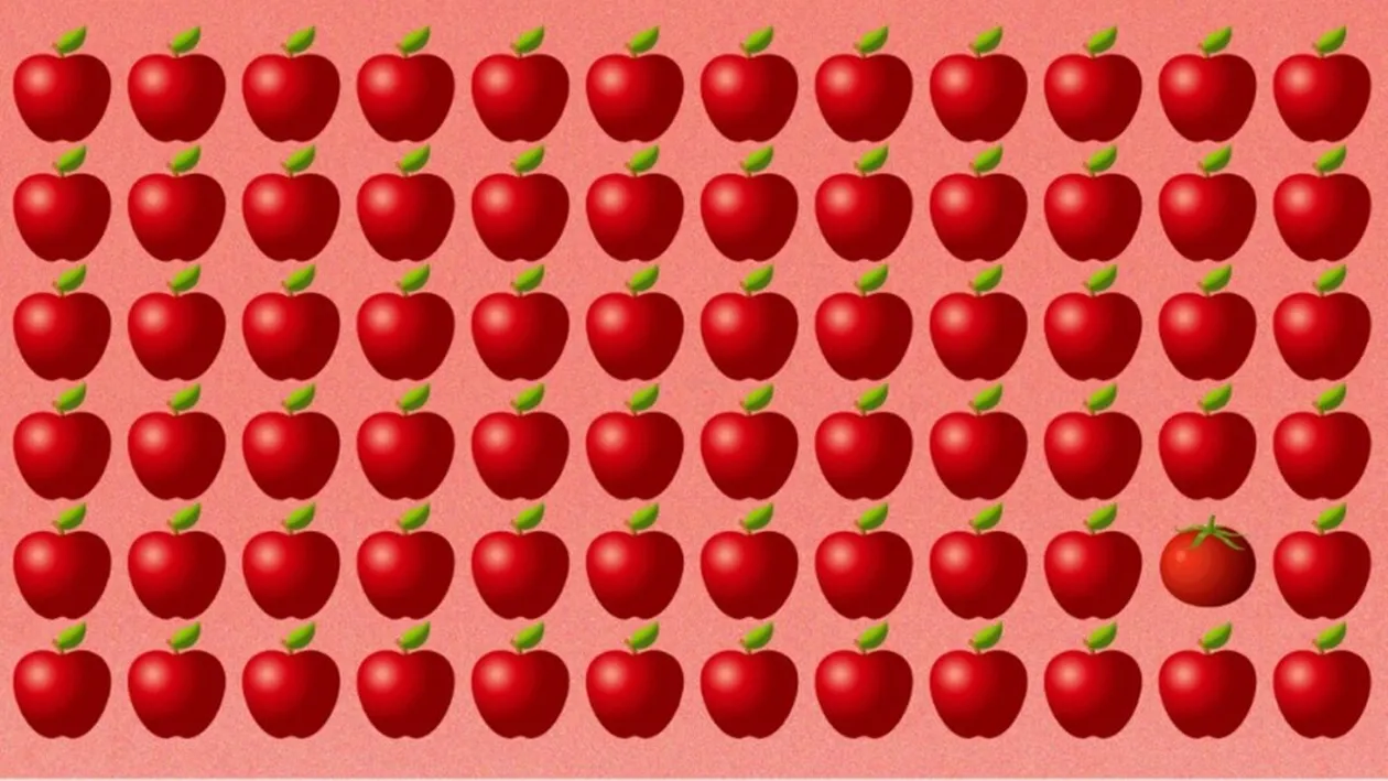 TEST IQ | Doar 3% reușesc: Găsiți roșia ascunsă printre merele din imagine, în cel mult 6 secunde!