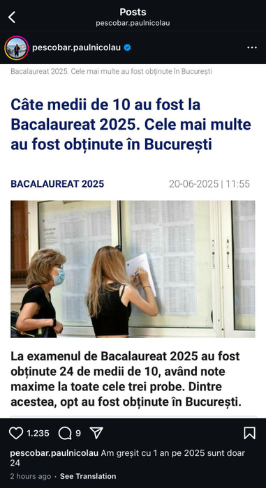 Anunțul făcut de Pescobar pe Instagram. Sursa foto: Instagram