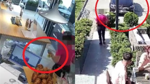 Momentul în care o femeie cu un Mercedes de zeci de mii de euro fură o pușculiță cu 20 de lei dintr-o cofetărie din Sibiu. VIDEO