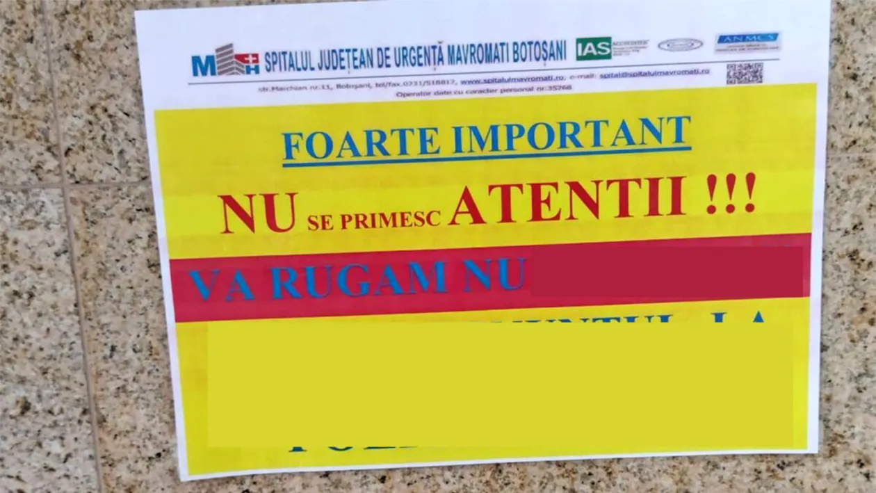 Mesaj viral postat pe o foaie A4, pe pereții Spitalului de Urgență din Botoșani: Nu se primesc atenții! Vă rugăm nu..