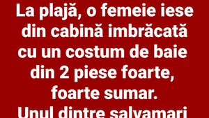 BANC | La plajă, o femeie iese din cabină îmbrăcată într-un costum de baie din 2 piese, foarte, foarte sumar