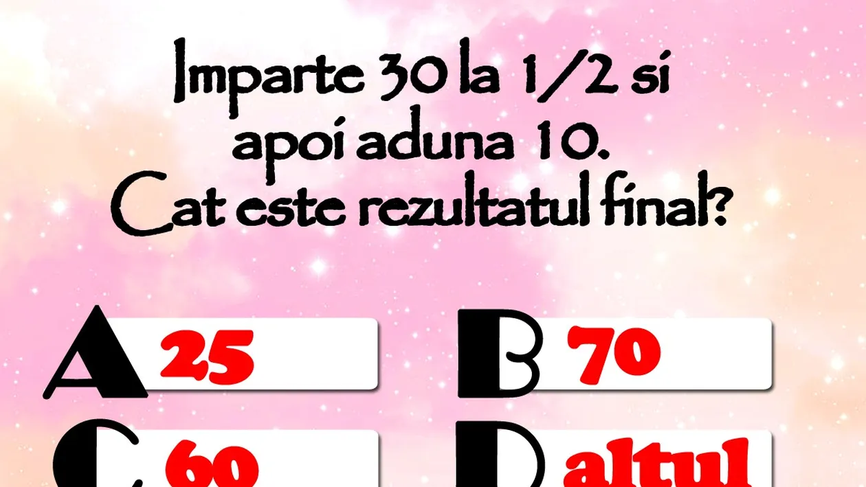 Testul de inteligență la care și geniile greșesc | Împarte 30 la 1/2 și apoi adună 10. Care e rezultatul final?