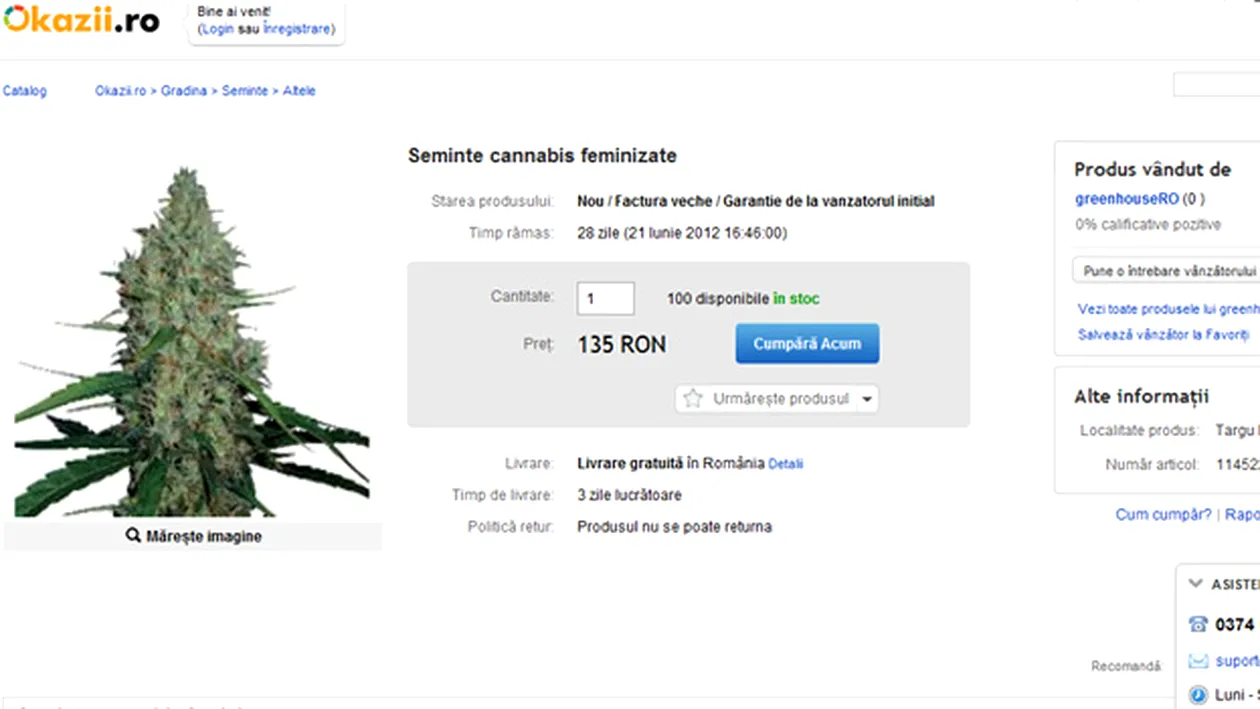 Inadmisibil! Pe un site de licitatii din Romania se vand seminte de canabis - Totul e pe fata si legal! Vezi ce poti sa-ti iei cu doar 135 de lei