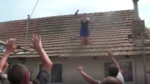 Scene greu de imaginat la o nuntă! S-a urcat pe casă şi a început să arunce cu ţigle în nuntaşii care o plăteau