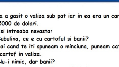 BANC | Bulă a găsit o valiză sub pat și în ea erau 5.000 de dolari și un cartof