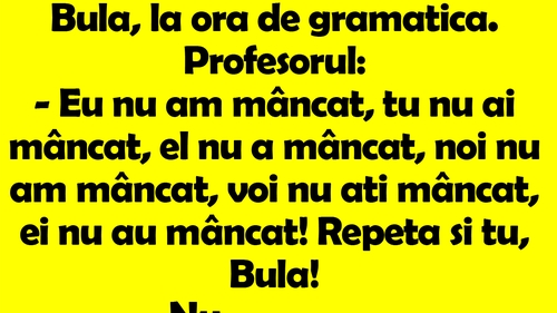 BANC | Bulă, la ora de gramatică. Profesorul: "Eu nu am mâncat, tu nu ai mâncat, el nu a mâncat, noi.."