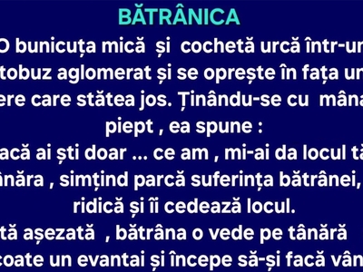 BANC | O bunicuță mică și cochetă intră într-un autobuz aglomerat