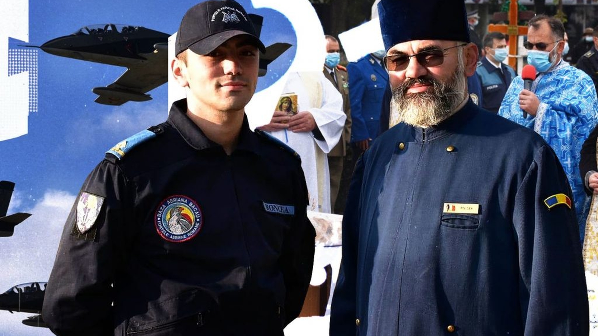 Tată și fiu slujesc aviația la o bază aeriană din Bacău, unul în anteriu, celălalt în combinezon. "Pentru a ne înălța spiritul, avem nevoie de două aripi"