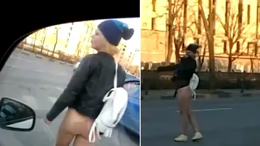Cu căciula pe cap, dar fără chiloți!  Tânăra stătea „la ocazie” în fundul gol! Cum a fost filmată blonda pe străzile din București: „Fata mea, ai luat speiș?”