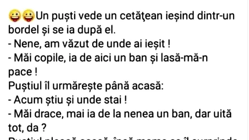 BANCUL ZILEI | Un puști vede un bărbat ieșind dintr-un bordel