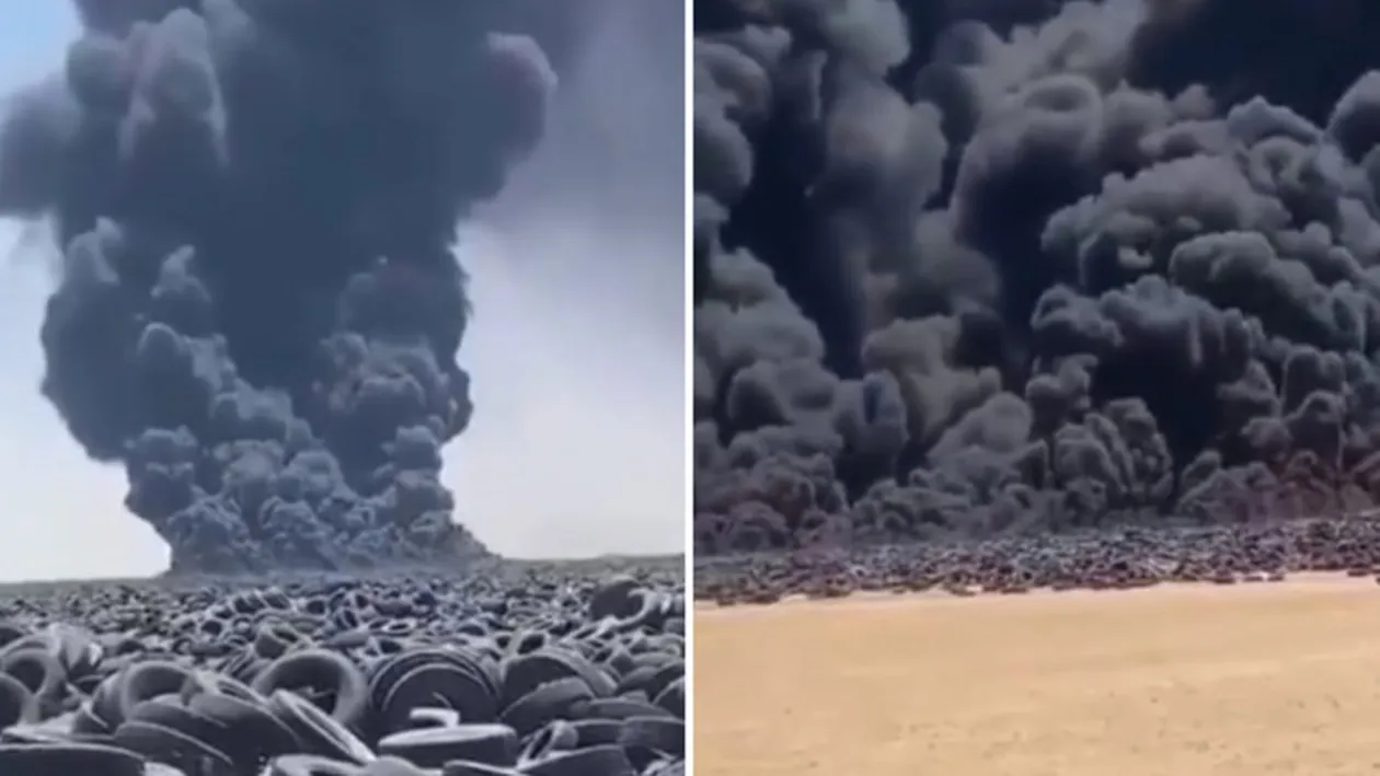 Incendiul vizibil chiar și din satelit! Cel mai mare depozit de anvelope uzate din lume a luat foc.