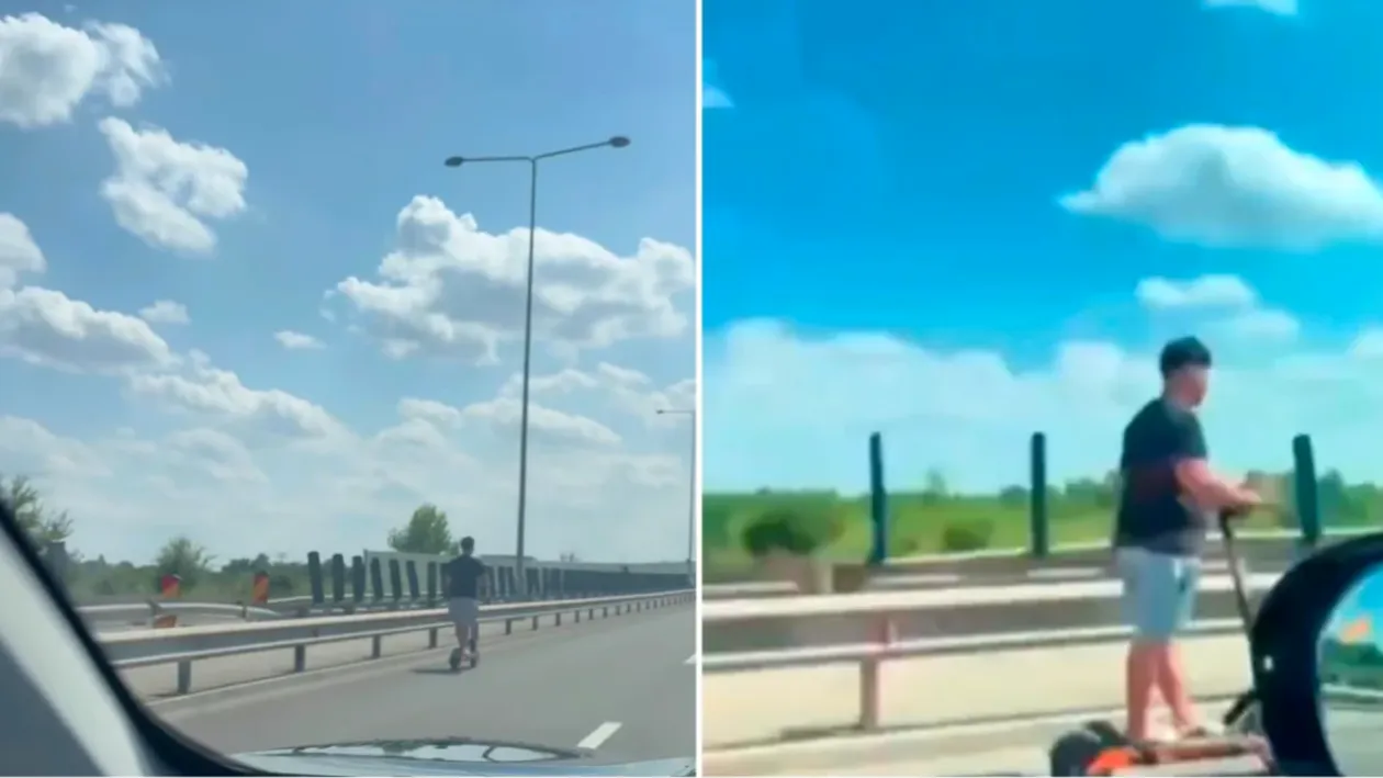 A sfidat orice regulă! Un tânăr a circulat cu trotineta pe autostradă