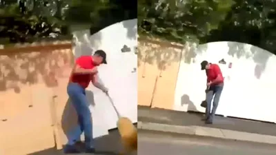 Klaus Iohannis, surprins măturând trotuarul din fața casei din Sibiu