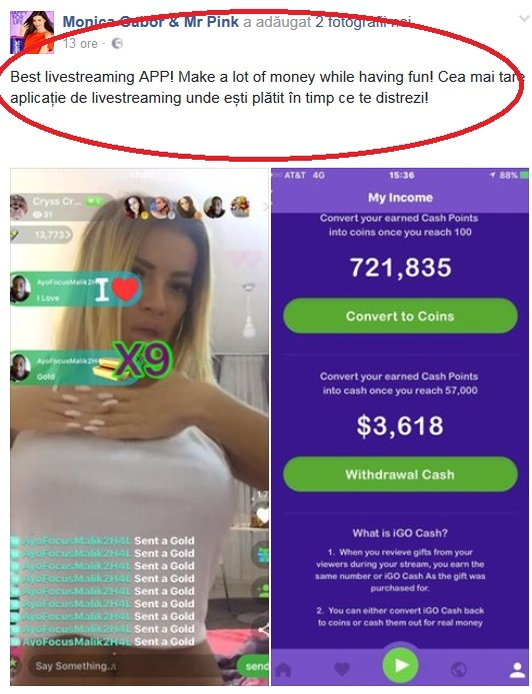 Anunţul Monică Gabor prin care confirmă faptul că banii virtuali se transformă în dolari adevăraţi.