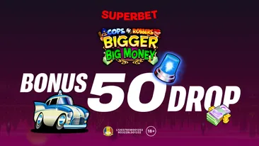 (P) Bonus 50 Drop e din nou la Superbet! Hai pe Facebook și Instagram și poți câștiga unul dintre cele 100 de pachete x 50 de rotiri gratuite la Cops N Robbers Bigger Big Money