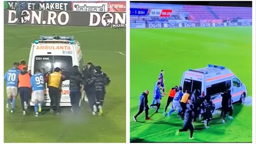 Momente penibile, pe un teren de fotbal din România. Ambulanța, obligată să intervină de urgență, împinsă pe gazon