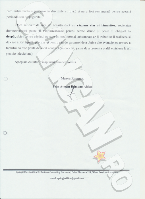 O parte dintre notificările înaintate de avocatul Rocsanei Marcu în vederea dezvăluirii motivelor care au dus scoaterea ei de la cârma emisiunii ”Agenţia VIP”