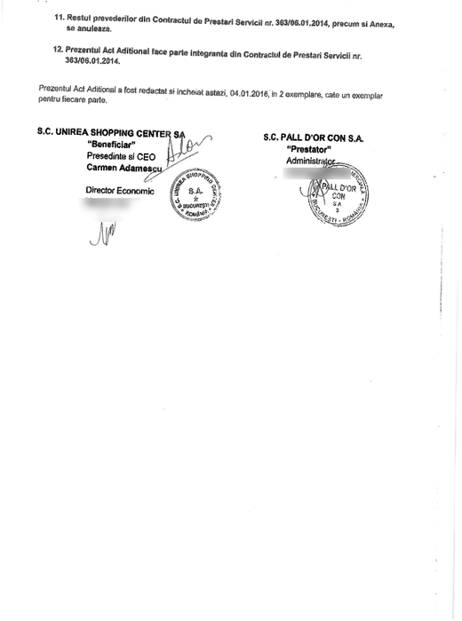 Act adiţional la contractul dintre Unirea Shopping Center şi PALL D'OR CON SA
