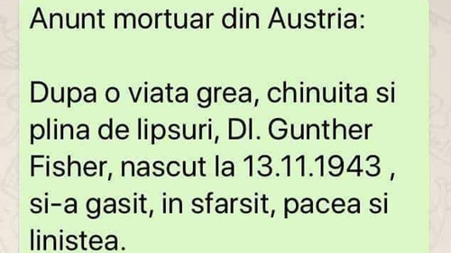 BANC | Anunț mortuar în Austria: "După o viață grea, chinuită și plină de lipsuri, domnul Gunther Fisher.."