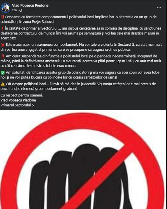 Decizia luată de primarul Vlad Piedone în legătură cu polițistul din Sectorul 5 care a agresat niște colindători. Foto: Facebook