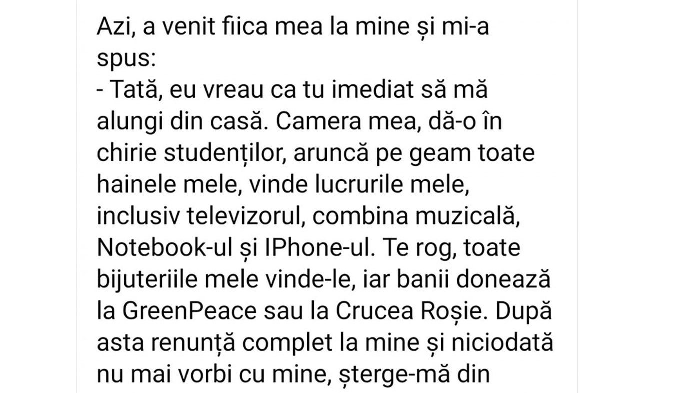 BANC | Azi mi-a spus fiica mea: "Tată, vreau să mă alungi din casă imediat!"