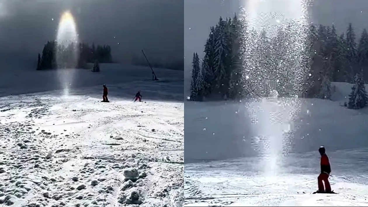 Apariție ireală pe o pârtie de schi! Oamenii au scos imediat telefoanele să afle ce este această minune sclipitoare