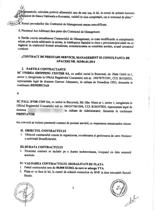 Act adiţional la contractul dintre Unirea Shopping Center şi PALL D'OR CON SA