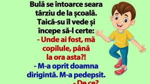 BANC | Bulă se întoarce seara târziu de la școală. Taică-su îl vede și începe să-l certe