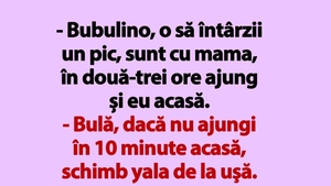 BANC | "Bulă, dacă nu ajungi în 10 minute acasă, schimb yala de la uşă"