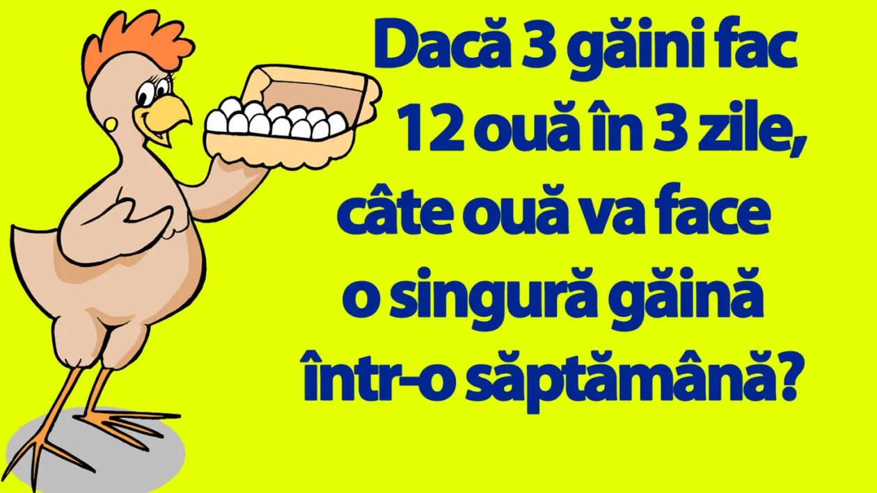 Test de logică | Dacă 3 găini fac 12 ouă în 3 zile, câte ouă va face o singură găină într-o săptămână?