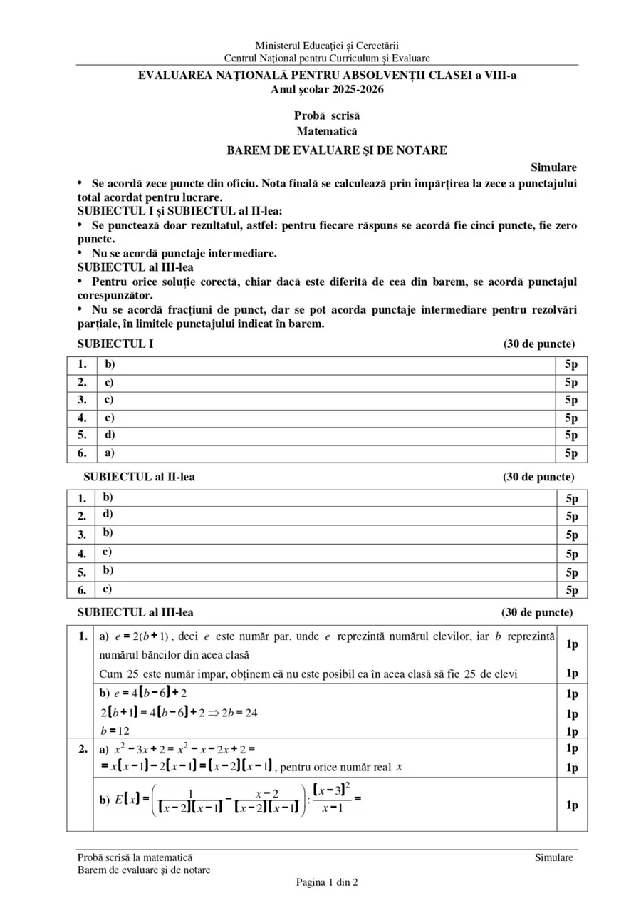 Baremul de corectare al exercițiilor de la simularea Evaluării Nationalle la Matematica 2026. Sursa foto: Ministerul Educației și Cercetării