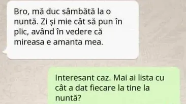 BANC | Cât se pune în plic la nuntă, dacă mireasa este amanta