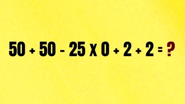 Test de inteligență pentru matematicieni | Calculați: 50 + 50 - 25 x 0 + 2 + 2 = ?