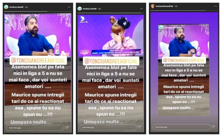 Daniel Niculescu l-a criticat dur pe Maurice Munteanu pentru declarațiile făcute în momentul în care Alexandra Ungureanu și-a încheiat numărul în platoul de la “Bravo, ai stil! Celebrities”. Andreea Tonciu a distribuit reacția soțului ei © Instagram Stories