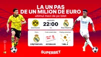 (P) Real Madrid - Dortmund îi poate aduce un milion de euro unui parior Superbet! Vezi biletul fabulos, de cotă 421064.85