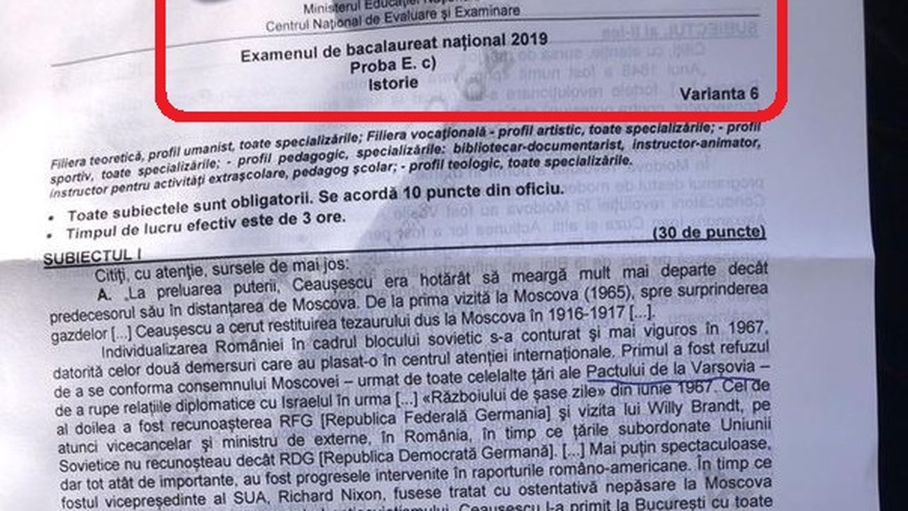 Edu.ro: Subiecte și barem la istorie, la BAC 2019