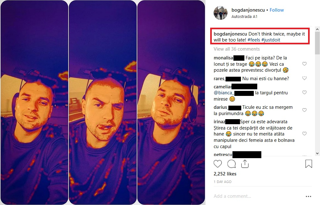 Aceasta este singura postare făcută de Bogdan Ionescu ieri, când Hanne a confirmat divorțul dintre ei.