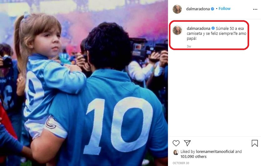 Acesta este mesajul emoționant publicat de Dalma Maradona cu ocazia zilei de naștere a tatălui ei, însă, după cum puteți vedea, din cauza emoțiilor, ea a scris 50 de ani, în loc de 60 © Instagram