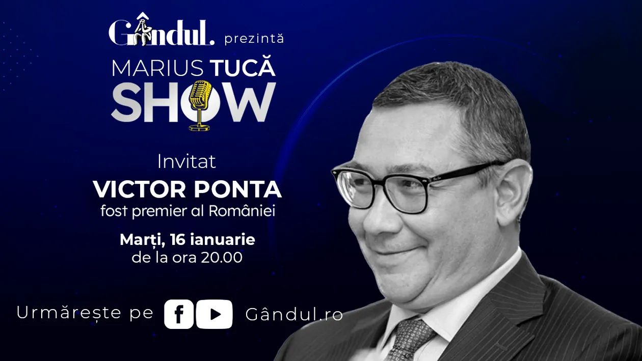 Marius Tucă Show începe marți, 16 ianuarie, de la ora 20.00, live pe gândul.ro. Invitați: Victor Ponta și Mirel Palada