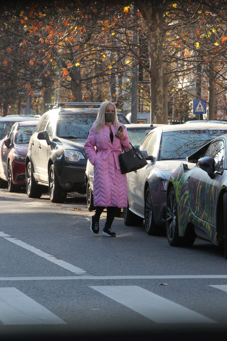 Anda Adam a optat pentru o geacă lungă, peste genunghi și roz. Masca a fost și ea deosebită, neagră și cu paiete