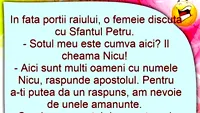 BANC | În fața Porții Raiului, o femeie discută cu Sfântul Petru: Nicu e cumva aici?