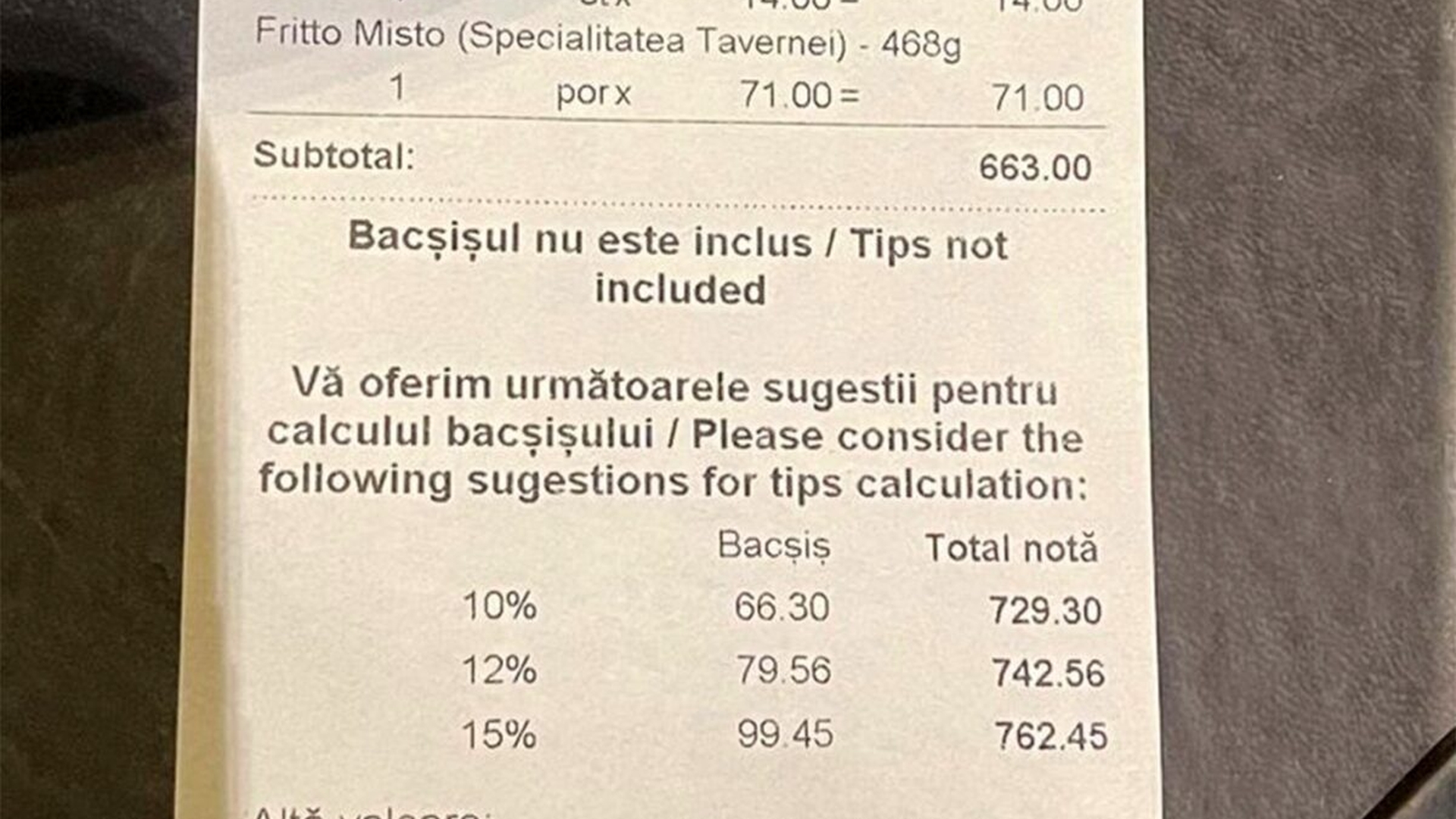 Cât a dat o bucureșteancă pe o sticlă de apă plată, la Taverna Racilor din Herăstrău. Nota totală a fost de 663 de lei