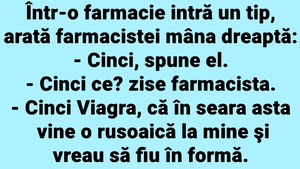BANCUL ZILEI | Într-o farmacie intră un tip și îi arată farmacistei mâna dreaptă: "Cinci!"