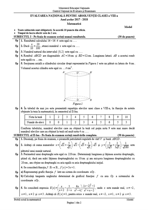 Modele de subiecte Evaluarea Națională 2018 la Matematică